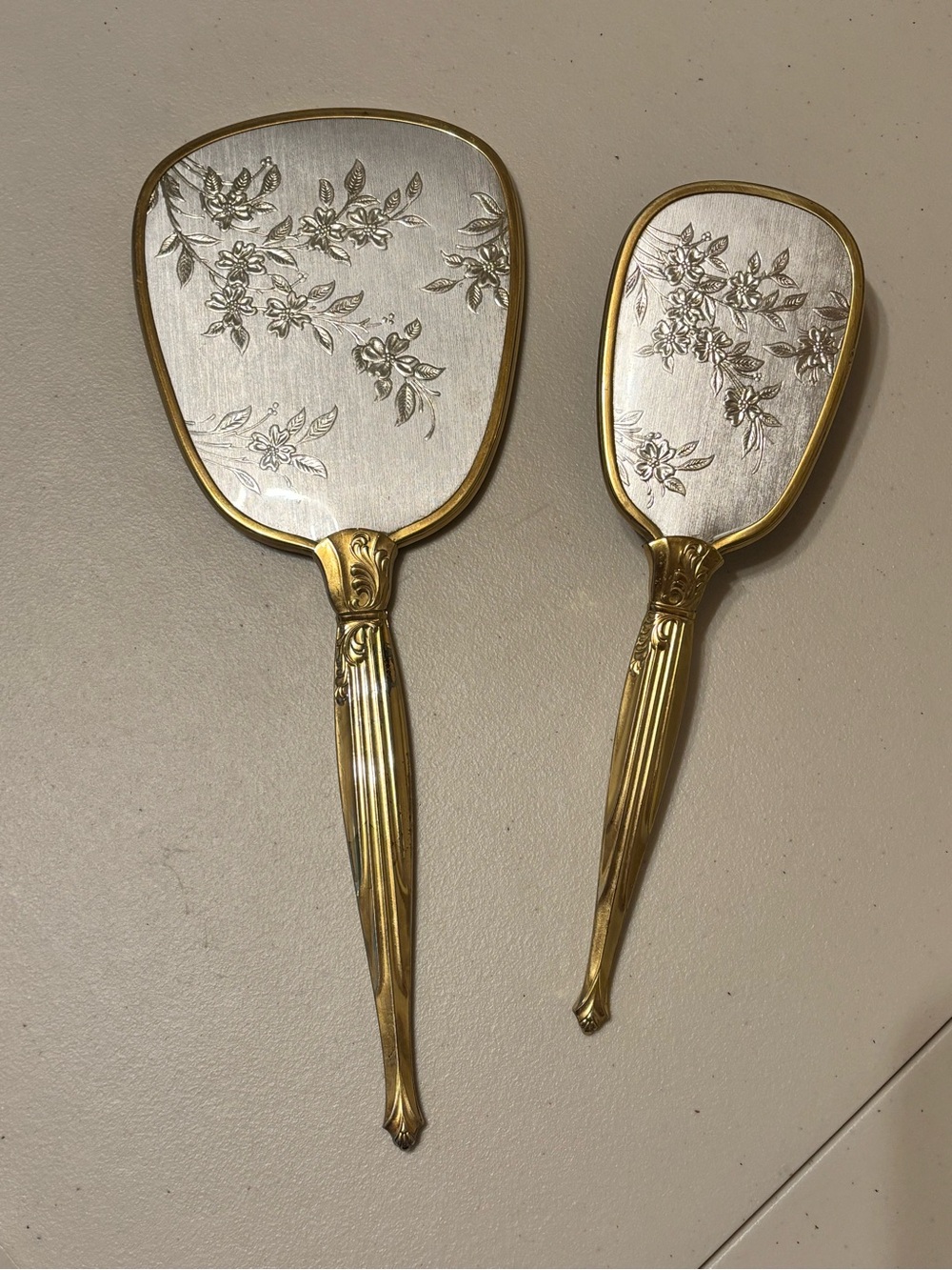 Vintage Gold Tone 2 Piece Ornate Floral Vanity Set - Hand Mirror and Brush
